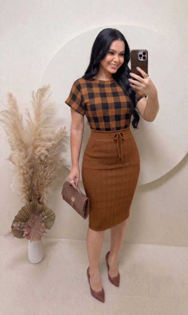 Conjunto Blusa+ Saia – xadrez- marrom