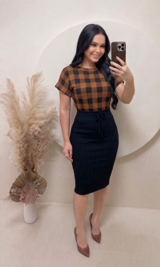 Conjunto Blusa+ Saia – xadrez- marrom e preto