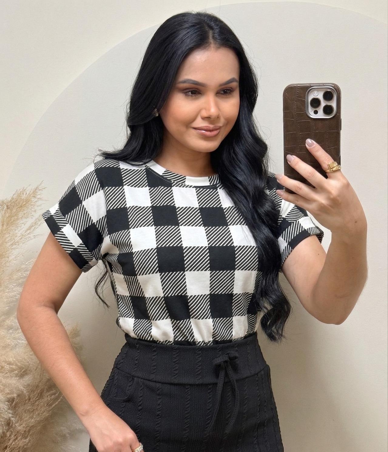 Blusa Tecido viscolaycra xadrez branco