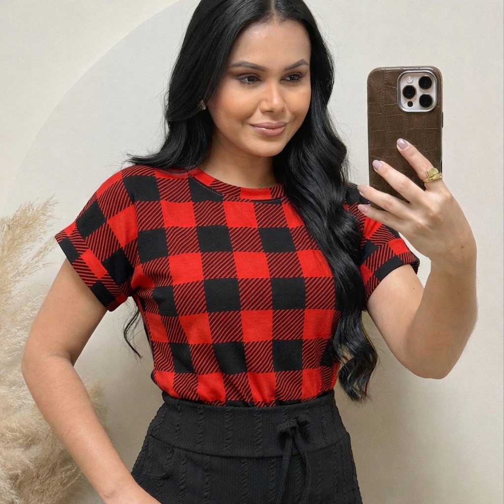 Blusa Tecido viscolaycra xadrez vermelho
