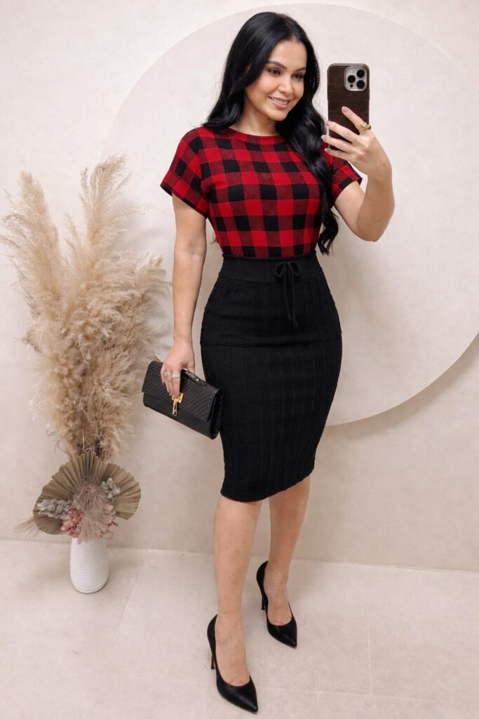 Conjunto Blusa+ Saia – xadrez- vermelho