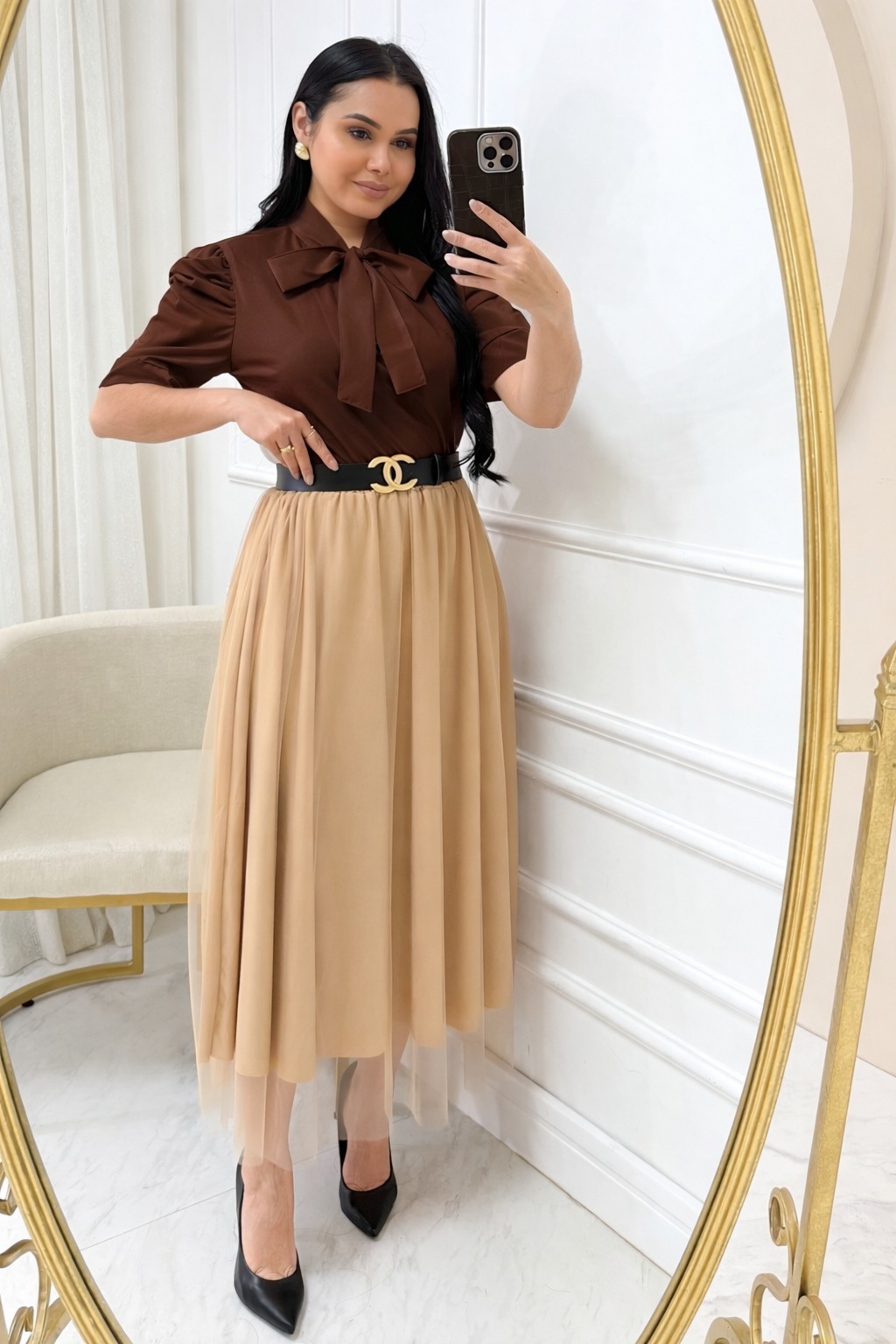 Conjunto Saia Midi em Tule + blusa Cor marrom + saia bege