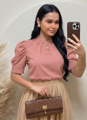 Blusa manga princesa Tecido Crepe Seda rosé