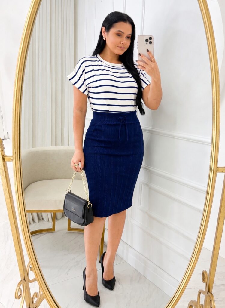 Conjunto Blusa+ Saia- Azul marinho