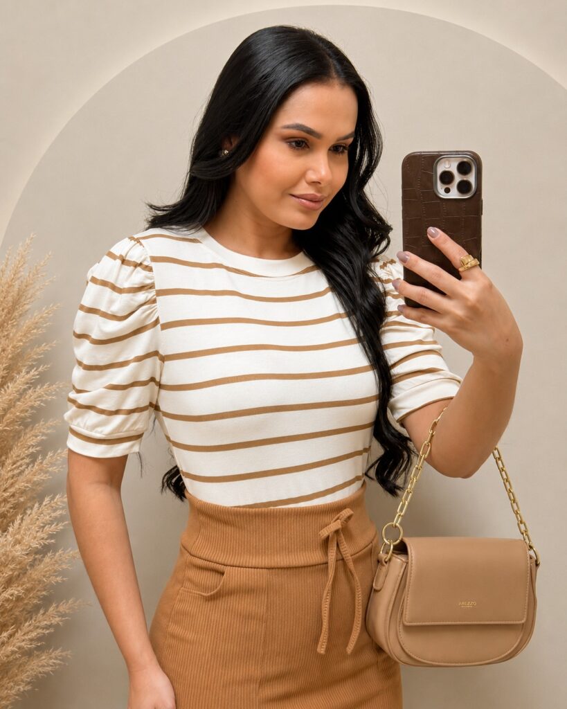 Blusa Tecido viscolaycra manga princesa Caramelo