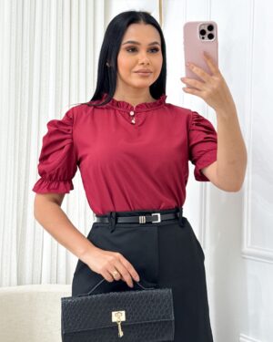 Blusa manga princesa Tecido Crepe Seda marsala