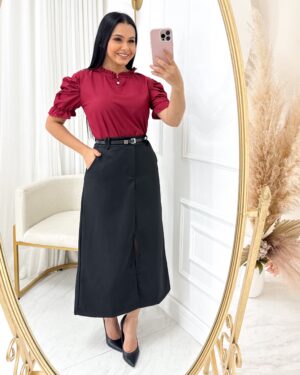 Saia Midi Tecido Alfaiataria com Cinto e com fenda na frente e Bolsos Funcionais Preto