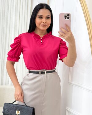 Blusa manga princesa Tecido Crepe Seda rosa pink