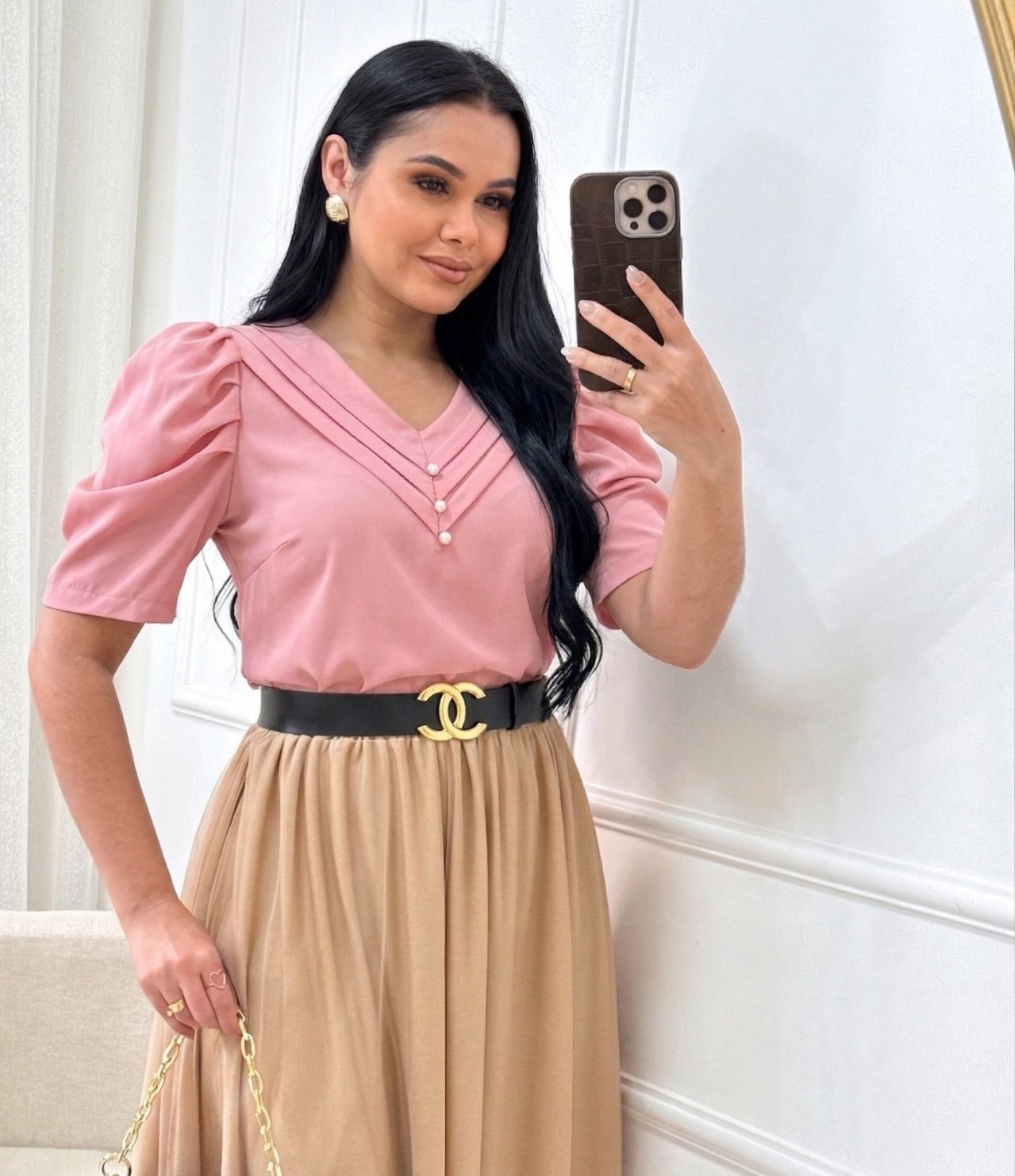 Blusa manga princesa Tecido Crepe Seda rosé