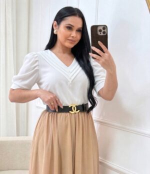 Blusa manga princesa Tecido Crepe Seda branco