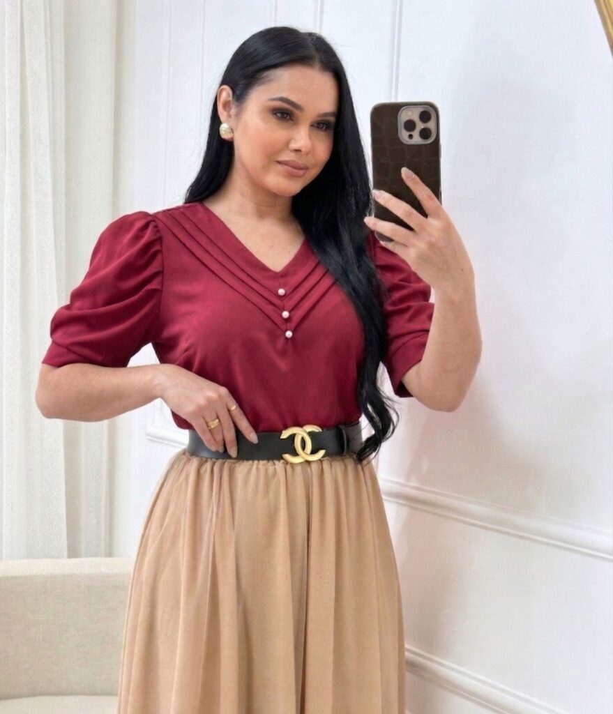 Blusa manga princesa Tecido Crepe Seda marsala