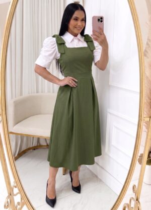 Vestido Alfaiataria com laço Max midi-Blusa Vendida Separadamente verde oliva