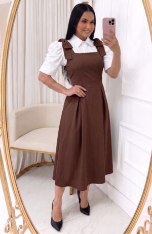 Vestido Alfaiataria com laço Max midi-Blusa Vendida Separadamente Marrom