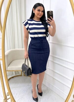 Conjunto Blusa+ Saia- manga muscle Azul marinho