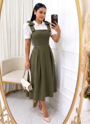 Vestido Alfaiataria com laço Max midi-Blusa Vendida Separadamente verde oliva