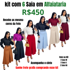 kit com 6 Saia Midi com Fenda Tecido Alfaiataria com Cinto e bolso funcional