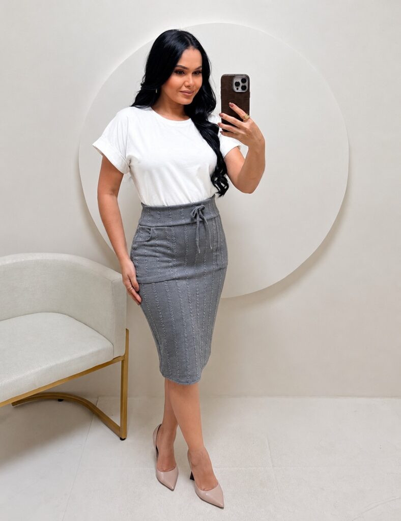 Conjunto Blusa+ Saia- branco +cinza