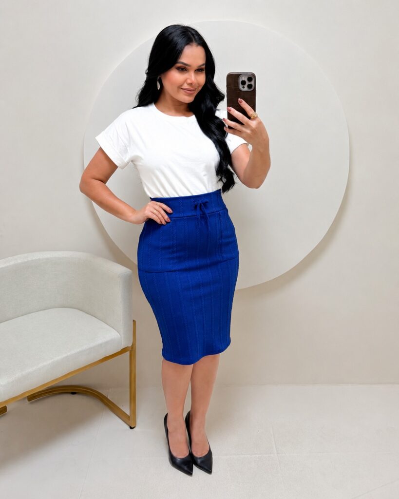 Conjunto Blusa+ Saia- branco +Azul Royal
