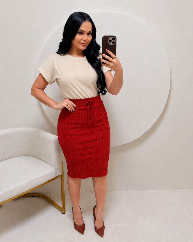 Conjunto Blusa+ Saia- bege + Vermelho