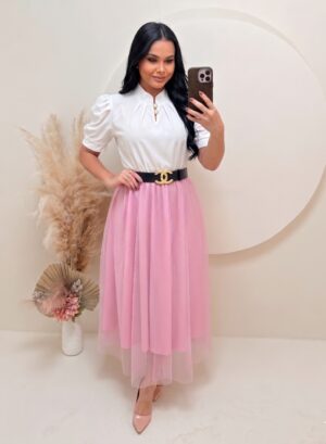 Conjunto Saia Midi em Tule + blusa branca + saia rose