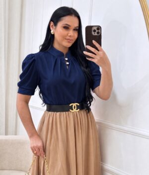 Blusa Tecido Crepe Seda Azul marinho