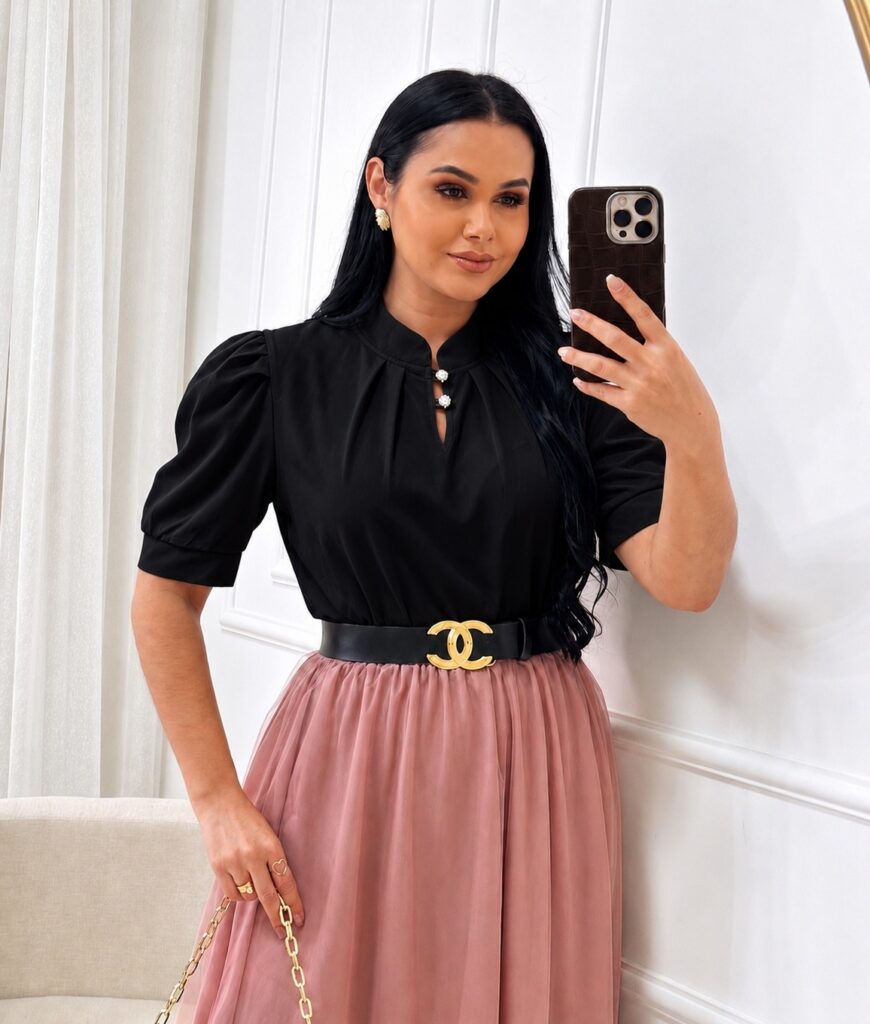 Blusa Tecido Crepe Seda Preto