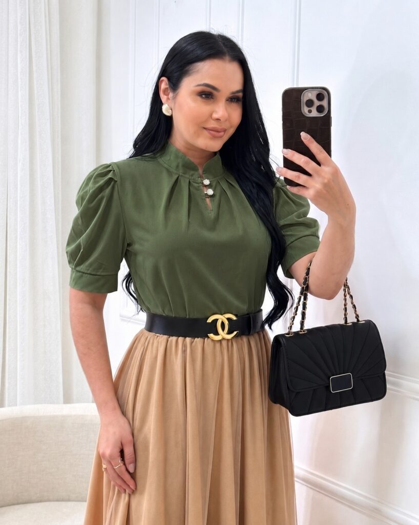 Blusa Tecido Crepe Seda Verde militar