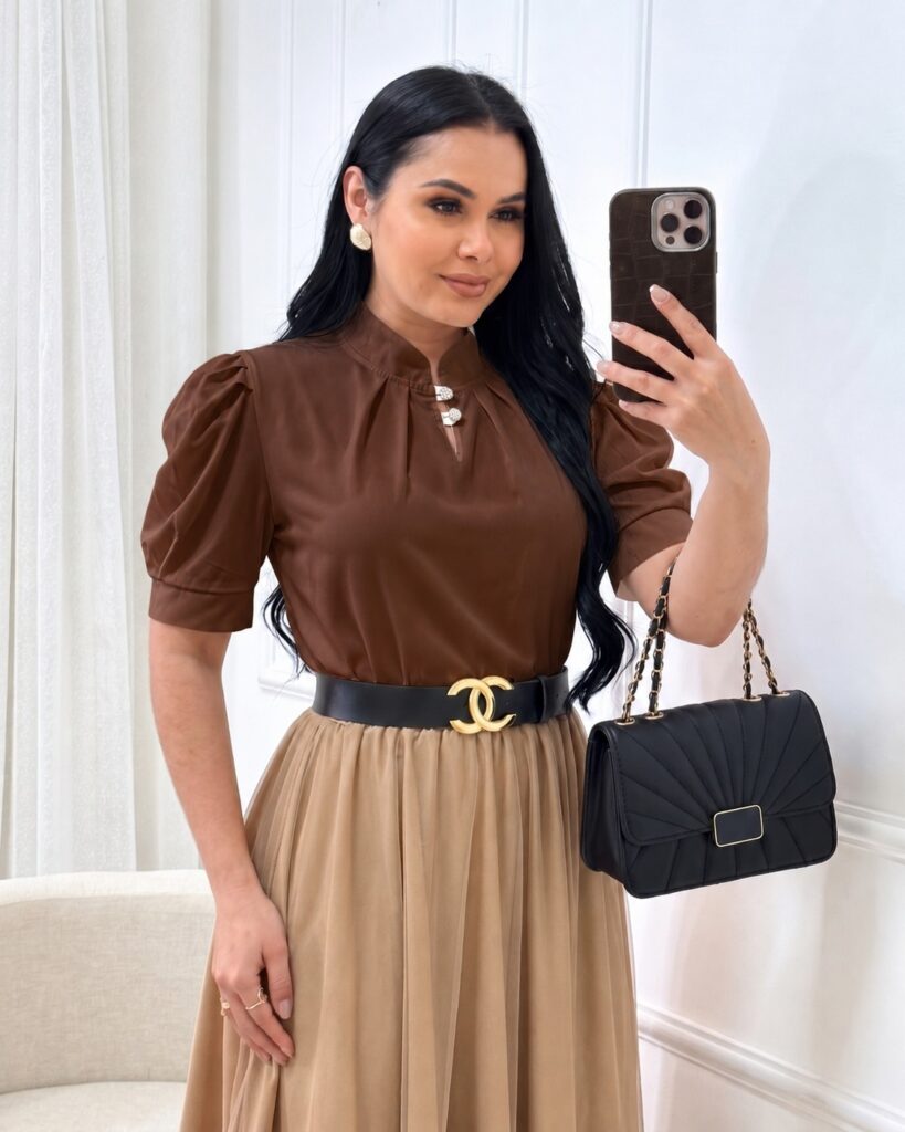 Blusa Tecido Crepe Seda Marrom