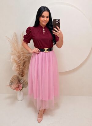 Conjunto Saia Midi em Tule + blusa marsala + saia rose