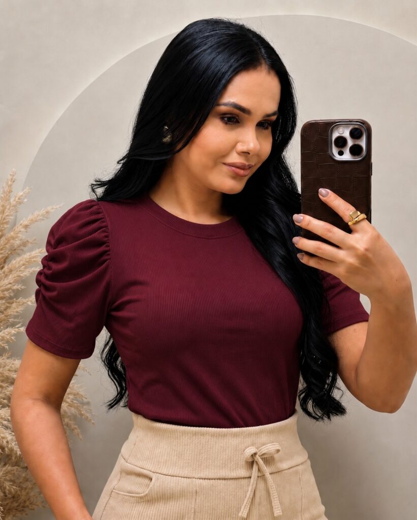 Blusa Tecido Ribana manga princesa marsala