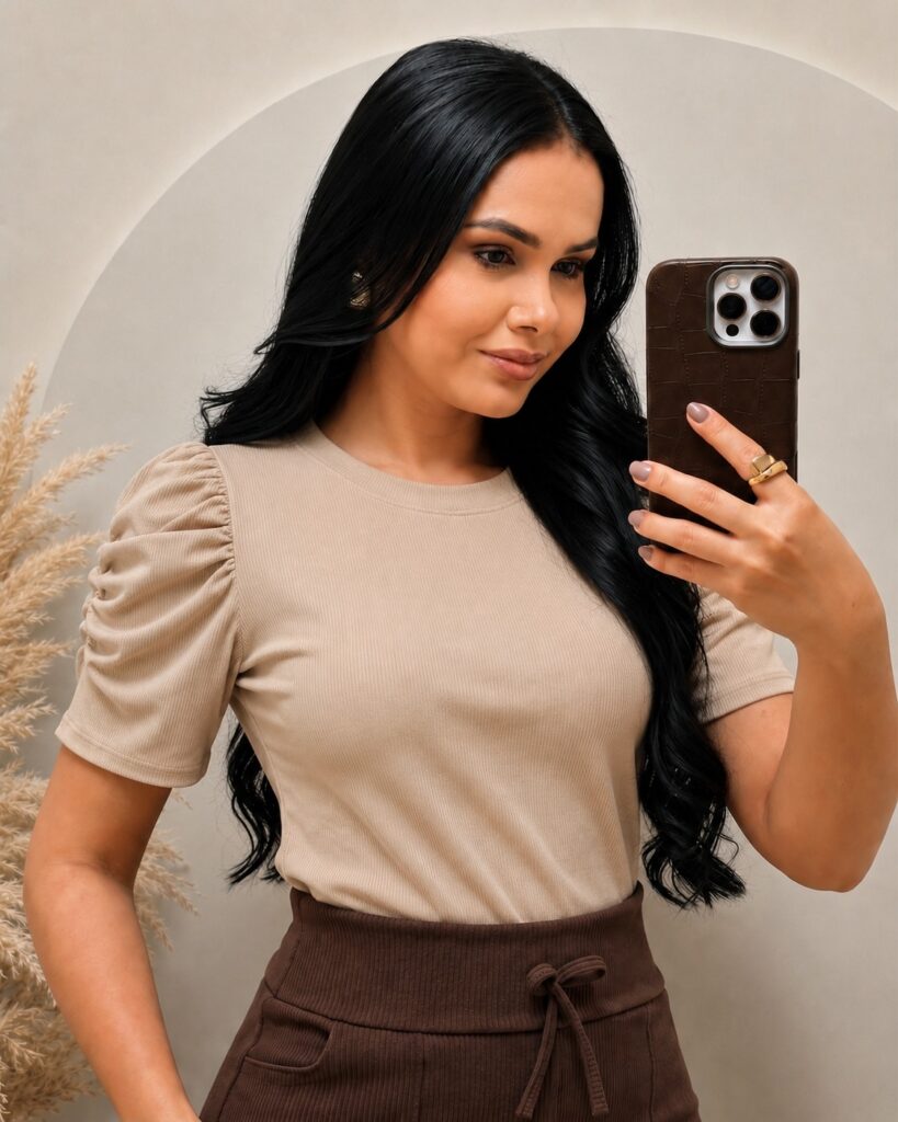 Blusa Tecido Ribana manga princesa bege