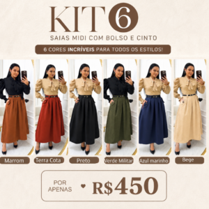 kit com 6 Saia Midi Tecido Alfaiataria com Cinto e bolso funcional